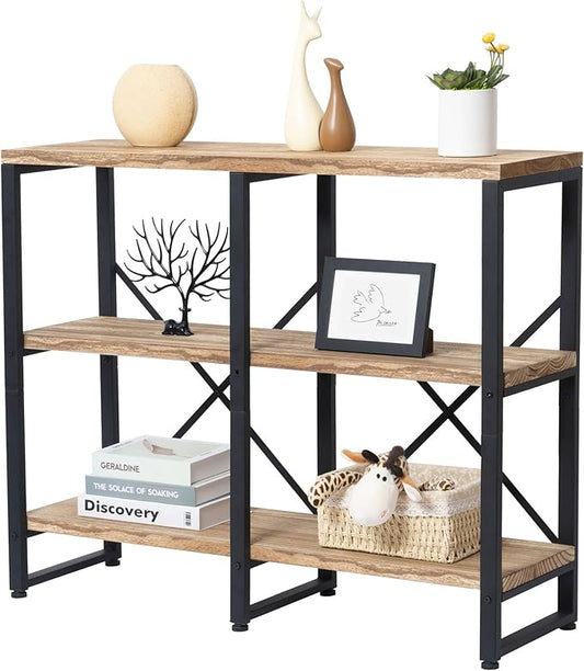 3 Tier Solid Real Wood Bookshelf Rustic Industrial Style 39.37" Width, Wooden Storage Shelves, Wooden and Metal Industrial Bookcase, Large Book Shelf Display Shelf for Home Office,Living Room