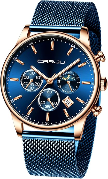 CRRJU Men's Fashion Casual Watches Auto Date Chronograph Watch Men Nice Work Watches Waterproof 30M Full Steel Quartz with Mesh Strap