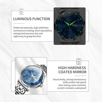 Stainless Steel Mens Watches with Day Date Quartz Analog Large Face Classic Watch Arabic Numerals Dress Luminous Rlojes para Hombres