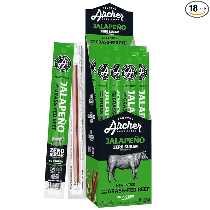Country Archer Beef Jerky Sticks Jalapeno - Grass Fed Beef Sticks Individually Wrapped, Beef Sticks Bulk, Beef Jerky Snack Packs, Gluten Free, Paleo, Keto, Sugar Free - 1 oz Meat Sticks (Pack of 18)
