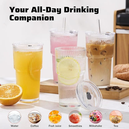 GOSCHE 20oz Glass Cups with Lids and Straws, Reusable Iced Coffee Cups, Thickened Glass Tumbler Set Ideal for Juices, Smoothies, Cocktails, and Beverage, Clear, 6 Pack