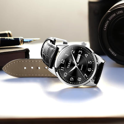 Men's Watch Big Face Easy Read Arabic Numeral Dress Watches for Men Classic Black Brown Leather Band Analog Mens Wrist Watch with Day and Date Fashion Business Waterproof Luminous Quartz Watch