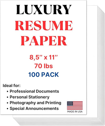 70lb Luxury Resume Paper, Bright White 8.5" x 11" Business Paper | 100 Sheets, Perfect for for Resumes, Letterhead, Invitations, and Professional Documents