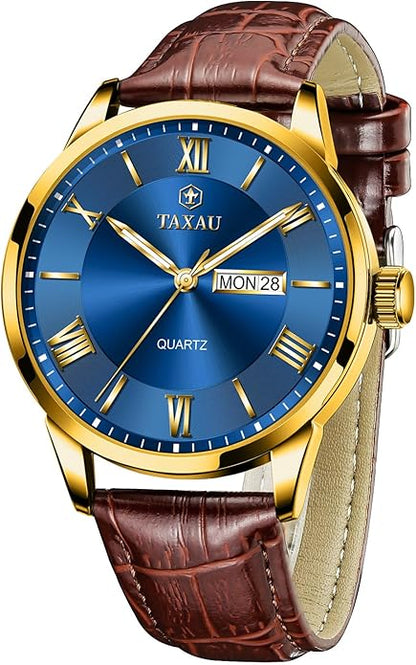 Mens Watches Luxury Dress Waterproof Leather Watch with Date Day Analog Quartz Large Number Wrist Watch Casual Classic Luminous Scales Big Face Easy Read Reloj para Hombre