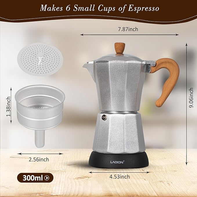Cafeteras Electricas Modernas,6 Cup Portable Espresso Maker,300ml Moka Pot with Detachable Base & Overheat Protection, Great for Home，Office, or Travel, a Thoughtful Gift for Coffee Lovers