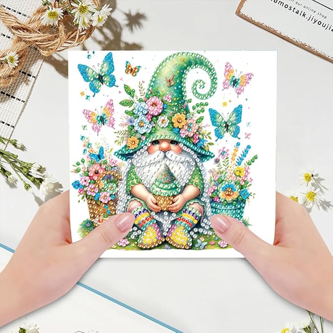6pcs DIY Gnome Butterfly Diamond Art Painting Greeting Cards Kit, Rhinestone Art Holiday Birthday Card Set with Envelopes, DIY Festival Craft for Girlfriend, Christmas Valentine Gift Making Supplies
