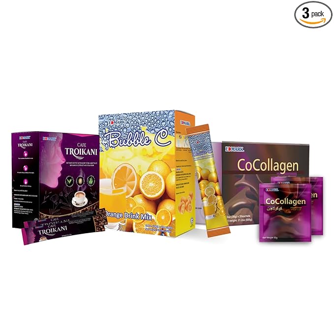 EDMARK Bubble C Instant Orange Drink, Troikani & CoCollagen Drink Bundle - 3 Pack