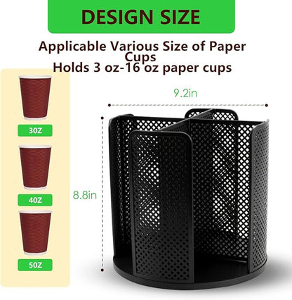 Coffee Cup Dispenser,Disposable Paper Cup and Lid Holder 360° Rotatable with 4 Compartments,Can Stacking 3-16oz Cups and Lid Holder for Coffee Shop,Home Countertop,Kitchen,Restaurant,Office