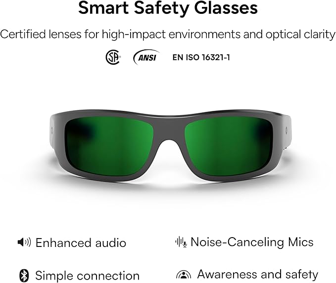 Lucyd Armor Smart Safety Glasses, TR90 Frame, Light Adaptive Lenses, Open Ear Speakers & Microphone - ANSI Z87.1
