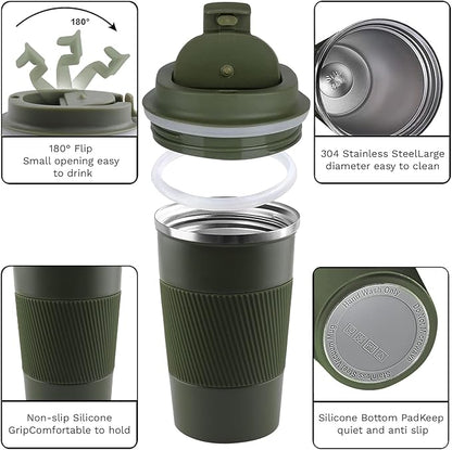 YINBAOGE Insulated Travel Coffee Mug, Spill & Leak Proof, Portable To Go Camping Stainless Steel Coffee Tumbler, Reusable Thermal Coffee Cup with Lid for Hot & Cold Drinks (Green, 17 OZ)