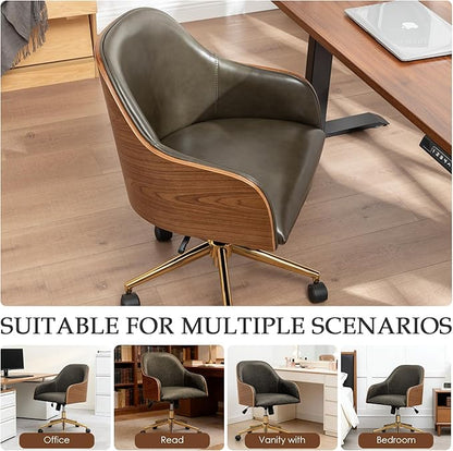 Genuine Leather Office Desk Chair, Adjustable Height Small Modern Comfortable Walnut Vanity Chair, Gold Legs Mid Back 360 Swivel for Home Office, Bedroom, Study, Meeting Room(Olive Green)