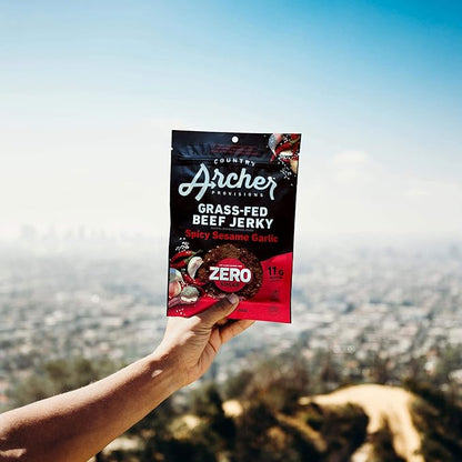Country Archer Grass Fed Beef Jerky - Zero Sugar Beef Jerky, Sugar Free Beef Jerky Snack Pack, Beef Jerky Bulk, Individual Beef Jerky Packs, Gluten Free, Paleo - Spicy Sesame Garlic, 2 oz (Pack of 6)