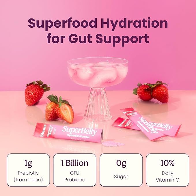 Blume SuperBelly Gut Health and On-The-Go Hydration Packets, GLP-1 Friendly, Sugar-Free, with Prebiotics, Probiotics, Apple Cider Vinegar, Vitamin C, and Electrolytes, Strawberry Hibiscus, 15 Sticks
