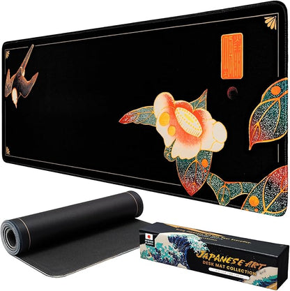 BELLEMOND Japanese Art Desk Mat | Large 31.5x11.8in Desk Pad | Mouse Pad for Keyboard & Mouse | Non-Slip Base, Water-Repellent, Smooth Precision | Camellia Silence