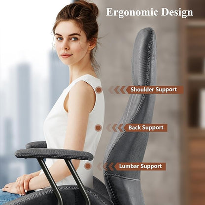 Mid Century Modren Office Chair,High Back Ergonomic Executive Chair with Lumbar Support, Computer Desk Swivel Task Chair with Wheels, Faux Lether Suede Fabric Home Chair (High Back, Grey)