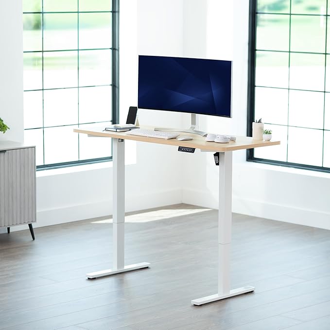 VIVO Electric 60 x 24 in Standing Desk, Memory Height Adjustment, 1B Series, One-Piece Light Wood Top, White Frame, DESK-KIT-1W6C