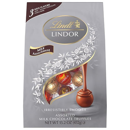 Lindt LINDOR Milk Assorted Chocolate Candy Truffles, Chocolate Candy with Smooth, Melting Truffle Center, 15.2 oz. Bag