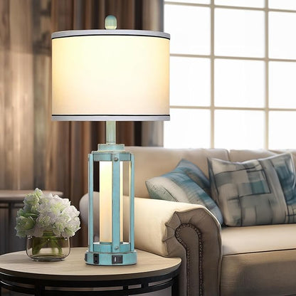 Farmhouse Lamps Set of 2, 26" Vintage Rustic Industrial Beside Lamps with USB A+C Charging Ports & AC Outlet, Nightstand Metal Lamp with LED Night Light & Fabric Shade for Living Room Bedrooms Blue