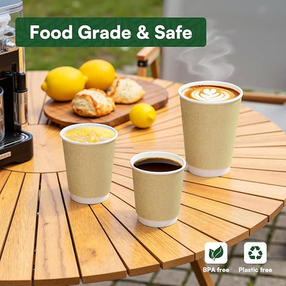 Coffee Cups 16 oz Disposable Paper Cups,100 Pack Compostable Double Wall Hot Cups, BPI Certified BPA Free Paper Cups, Natural Kraft To Go 16oz Disposable Cups for Office Cafe Home Party Travel