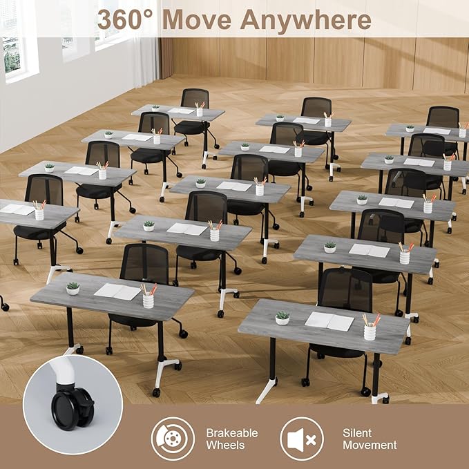 Folding Conference Table On Wheels, Modern Office Conference Room Tables for 6-12 Person Modular Mobile Meeting Table Conference Training Table for Office Classroom(Oak Ash, 47.2IN, 4)