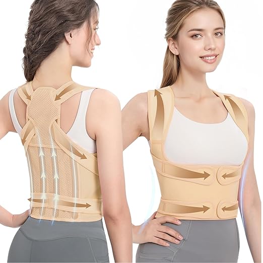 Posture Corrector for Women & Men, Adjustable Back Brace with Full Back & Shoulder Support, Spine Alignment for Upper Back Pain Relief, Scoliosis & Hunchback(Beige,Large)