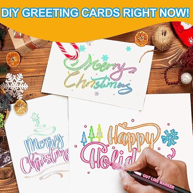 Double Line Super Squiggles Glitter & Metallic Markers, 36 Colors - Self Outline Pens for Doodle Art, Greeting Cards & Crafts