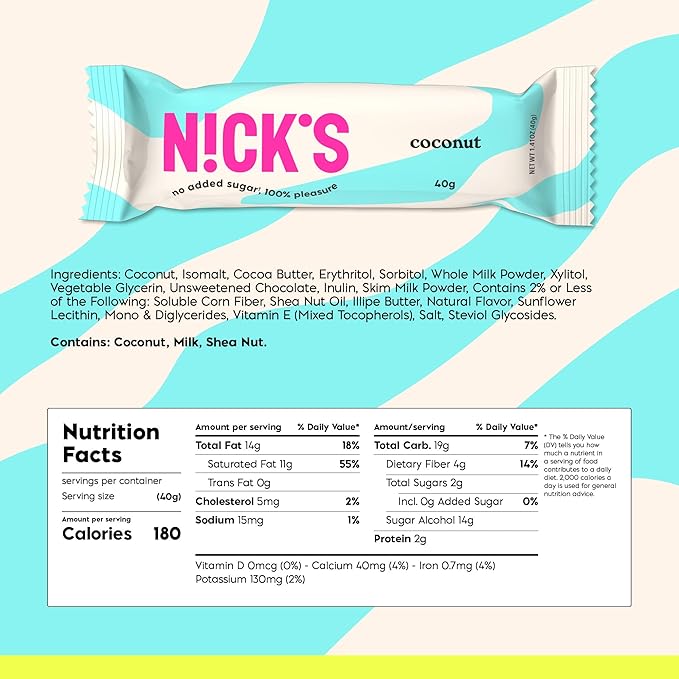 NICKS Keto Chocolate Bars Variety Pack, No Added Sugar, Coconut, Gluten Free Sweets Low carb Candy Snack Bar (Multipack 15x40g) (Coconut)