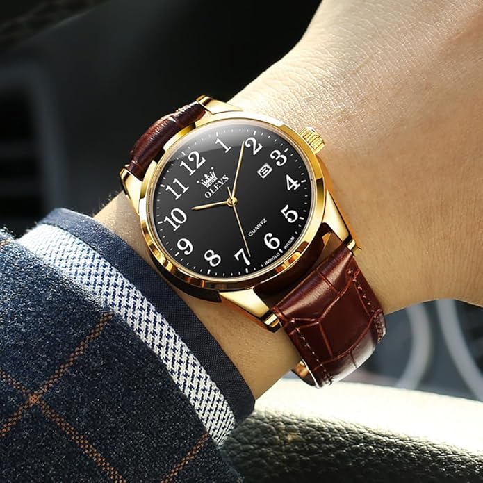 OLEVS Mens Watches Vintage Leather Band Dress Classic Easy Reader Arabic Numerals Analog Quartz Waterproof Date and Day Blue/Black/White Large Face Men's Wrist Watches