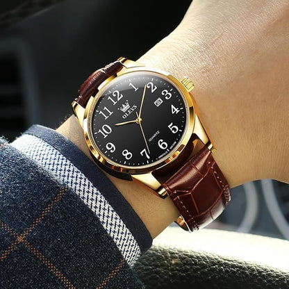 OLEVS Mens Watches Vintage Leather Band Dress Classic Easy Reader Arabic Numerals Analog Quartz Waterproof Date and Day Blue/Black/White Large Face Men's Wrist Watches