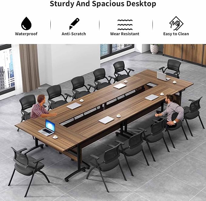 Folding Conference Room Tables,55" Flip Top Seminar Conference Tables,Foldable Meeting Table with Silent Wheels,Office Rolling Modular Meeting Room Table Mobile Training Tables (Walnut, 8 pack)