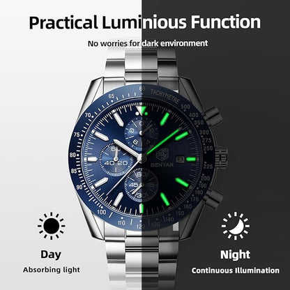 BY BENYAR Watch for Men Analog Quartz Chronograph Waterproof Luminous Designer Mens Wrist Watches Business Work Sport Casual Dress Watch with Silicone Strap Elegant Gifts for Men