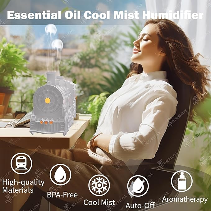 Diffuserlove Essential Oil Diffuser 300ML Train Cool Mist Humidifier Quiet Aromatherapy Diffuser with Night Light for Bedroom Desk