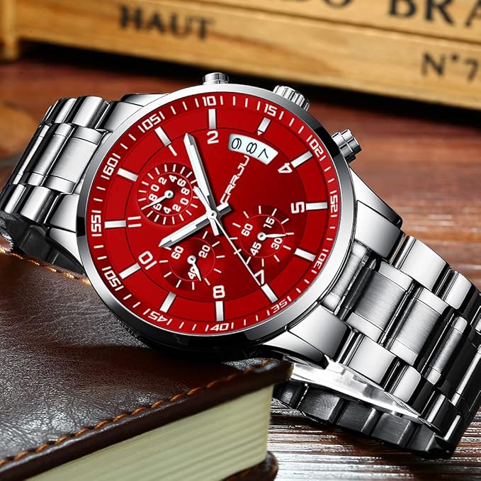 CRRJU Men's Fashion Stainless Steel Watches Date Waterproof Chronograph Wristwatches,Black Steel Band Waterproof Quartz Watch for Men