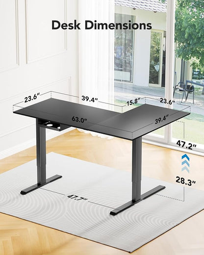 HUANUO 63" x 40" L-Shaped Electric Standing Desk Dual Motor, Corner Electric Height Adjustable Computer Desk with Cable Tray & 3 Preset Heights, Raising Desk for Home Office, Black,