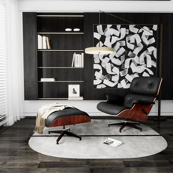 Mid Century Chaise Lounge Chair with Ottoman, Top Black Grain Leather, Modern Office Chair Classic Design, Heavy Duty Base Support for Living Room Study Lounge Office