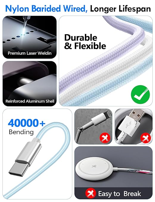 2Pack Multi Charging Cable Cord for Travel Essentials,Apple Watch Charger,iPhone Charger,[3-in-2] Type C/Lightning Cable Portable Designed for iWatch,iPhone 17-8,Galaxy S25-21,AirPods,iPad-1.5M Blue