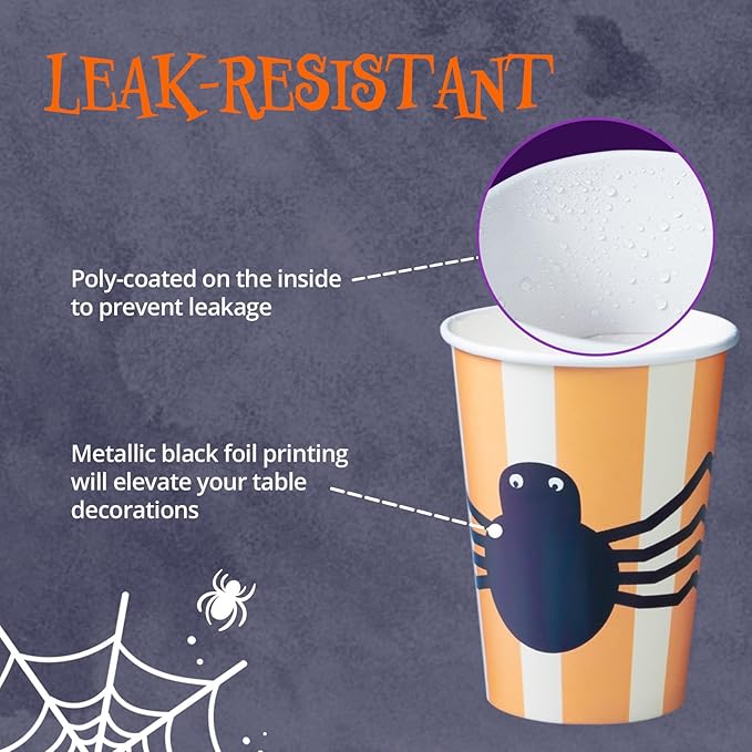 Halloween Disposable Paper Party Cups, Bulk 50 Pack, Leak-Resistant, 12 oz Hot and Cold Cups for Restaurants and Parties, Spider