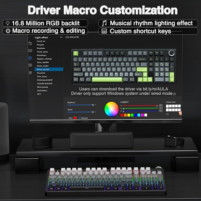 AULA F99 Pro Wireless Mechanical Keyboard with Knob,Gasket Structure,Tri-Mode BT5.0/USB-C/2.4GHz Hot Swappable Keyboard,Creamy Sound,RGB Backlit PBT Keycaps Computer Gaming Keyboards