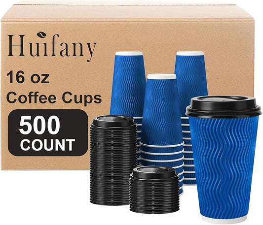 Disposable Coffee Cups with Lids 16 oz, To Go Paper Coffee Cups with Lids, Insulated Paper Cups for Hot or Cold Beverages (Navy, 500Pack)