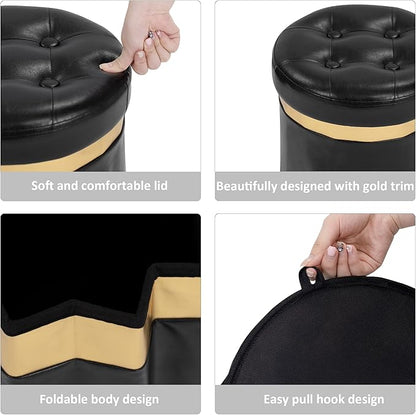 Small Ottoman with Storage,Folding Round Ottoman with Gold Trim,Velvet Storage Stool,Foot Stool with Soft Padded,Foot Rest for Living Room13“x13”x12.4(Publack,2pcs)