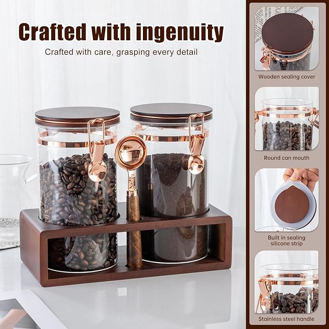Glass Coffee Container with Wooden Shelf, 2 x 40 FLOZ Coffee Bean Storage with Sealed Closure Clips and Copper Spoon, Kitchen Large Capacity Food Storage Jar, Ground Coffee Container