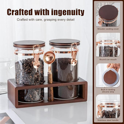 Glass Coffee Container with Wooden Shelf, 2 x 40 FLOZ Coffee Bean Storage with Sealed Closure Clips and Copper Spoon, Kitchen Large Capacity Food Storage Jar, Ground Coffee Container