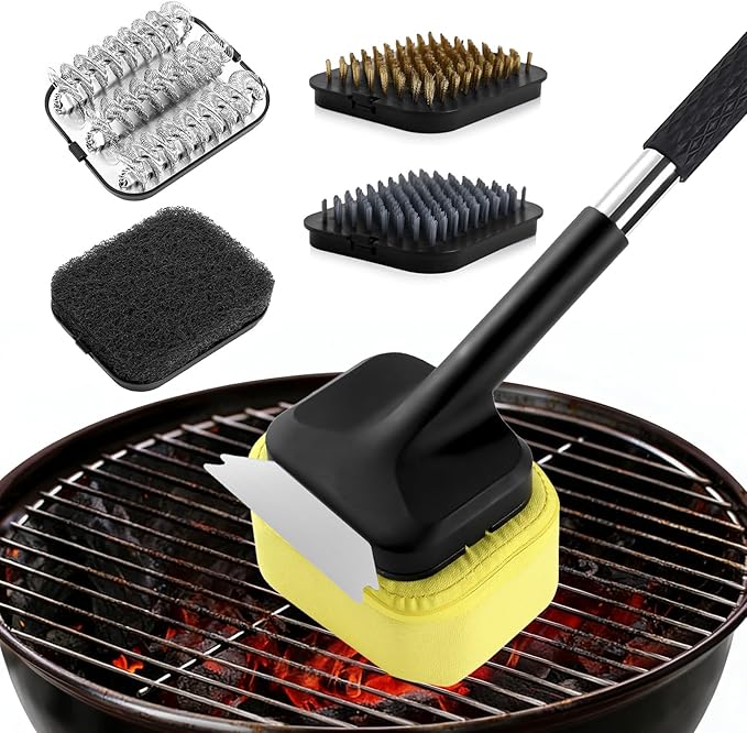 BBQ Grill Brush Set，Safe Grill Cleaning Brush Set and Scraper with Replacement Sponge Heads and Various Cleaning Brushes for Porcelain Charcoal Grill