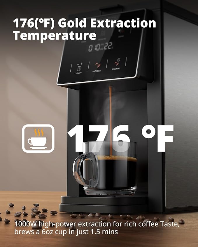 AIRMSEN Grind & Brew Coffee Maker with Grinder - Single Serve Machine Compatible with K-Cup Pods & Ground, 1000W Fast 6-14oz Brewer, Descaling Alert, Touchscreen & 50oz Removable Tank