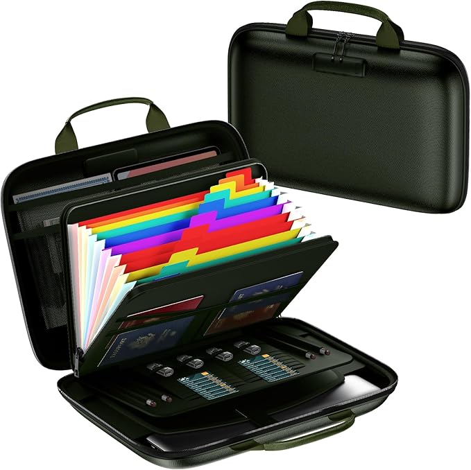 Fireproof Document Box, Hard Case Fireproof File Organizer Box with Lock and 13 Pocket Accordion File Folder, Portable Safe Box for Home Office Travel to Storage Important Documents Laptop Green