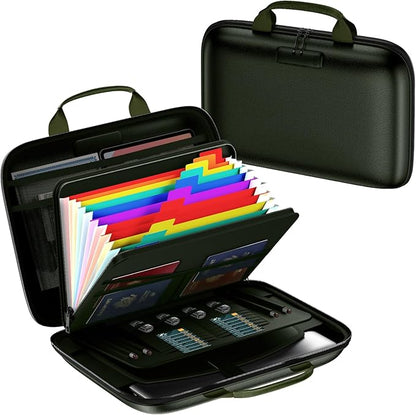 Fireproof Document Box, Hard Case Fireproof File Organizer Box with Lock and 13 Pocket Accordion File Folder, Portable Safe Box for Home Office Travel to Storage Important Documents Laptop Green