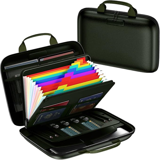 Fireproof Document Box, Hard Case Fireproof File Organizer Box with Lock and 13 Pocket Accordion File Folder, Portable Safe Box for Home Office Travel to Storage Important Documents Laptop Green