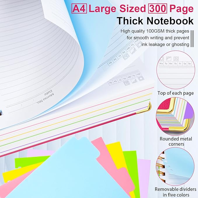 Hardcover Spiral Notebook 8.5"x11" Journal Notebook with Tabs and Removable Dividers 300 Pages 5 Subject Notebook College Ruled, Faux Leather Spiral Bound Notebook for Women School Work (Rose Red)