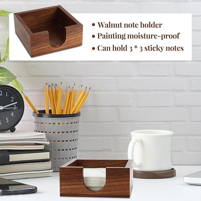 Buqoo Walnut Wooden Sticky Note Holder, Self Stick Note Holder Memo Pad Holder Dispenser Organizer, Post It Note Dispenser Cube Holder for 3 x 3 Sticky Notes for School Office Home Desk Accessories