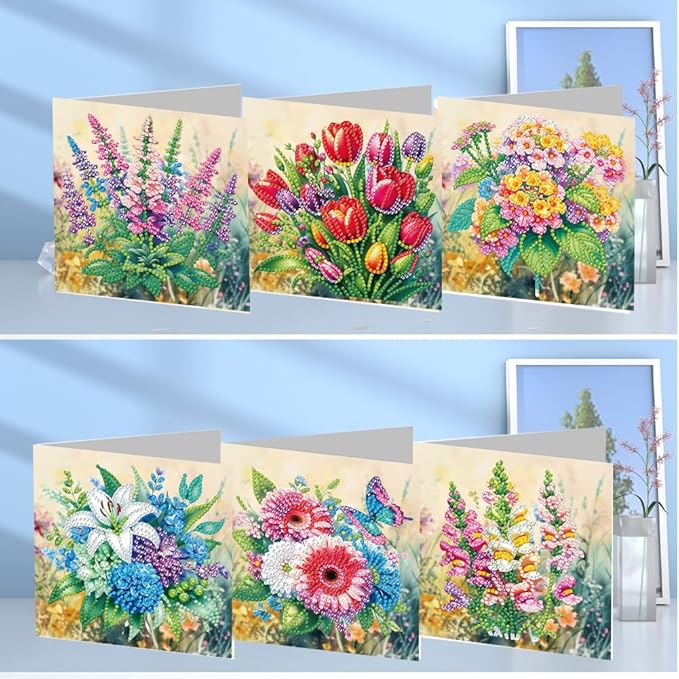 6PCS Diamond Art Painting Greeting Cards,Happy Birthday Cards with Envelopes,DIY Card Making Kits Thank You Card Arts Crafts for Birthday(Flower)
